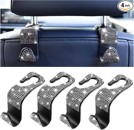 Mandark 4PCS Bling Car Seat Headrest Hooks, Crystal Rhinestone Vehicle Seat Back Hanger for Grocery Purses Handbags, Diamond Auto Seatback Storage Organizer Hanger, Universal for Most Cars (White)