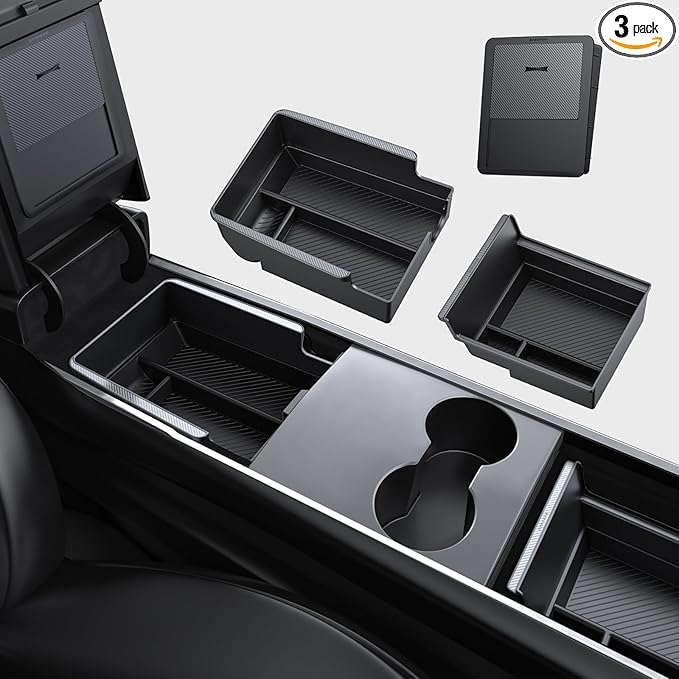 BASENOR 3PCS Center Console Organizer Compatible with Tesla Model Y 2021-2024 & Model 3 2021-2023, [Carbon Fiber Edition] Armrest Hidden Storage Box Interior Accessories