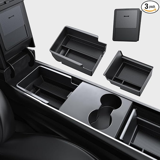 BASENOR 3PCS Center Console Organizer Compatible with Tesla Model Y 2021-2024 & Model 3 2021-2023, [Carbon Fiber Edition] Armrest Hidden Storage Box Interior Accessories