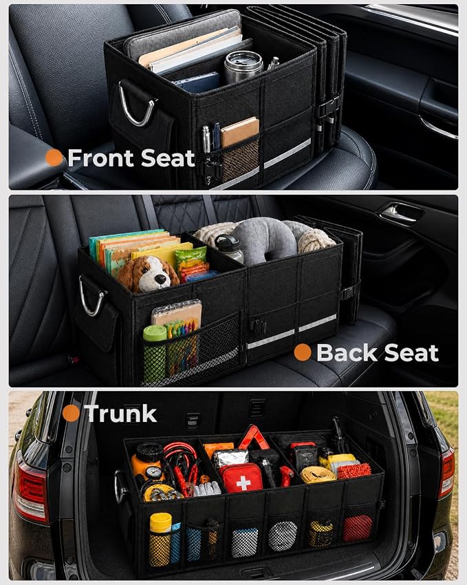 Car Trunk Organizer for SUV, 112L with Cooler Bag, Lid and Dividers | Grocery and Road Trip Storage; Customizable Compartments; Reinforced Structure; Non-Slip Base; Easy Carry; Fold-Flat Storage