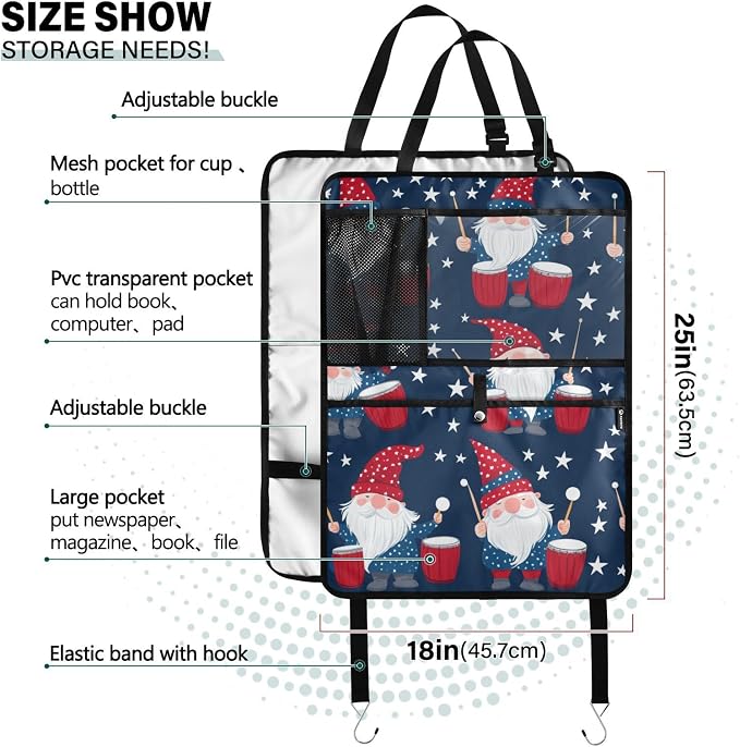 July 4th Gnomes Drum Dark Blue 1 Pack Backseat Car Organizer with Storage Pockets Seat Back Organizers for Kids Kick Mats Backseat Protector Automotive