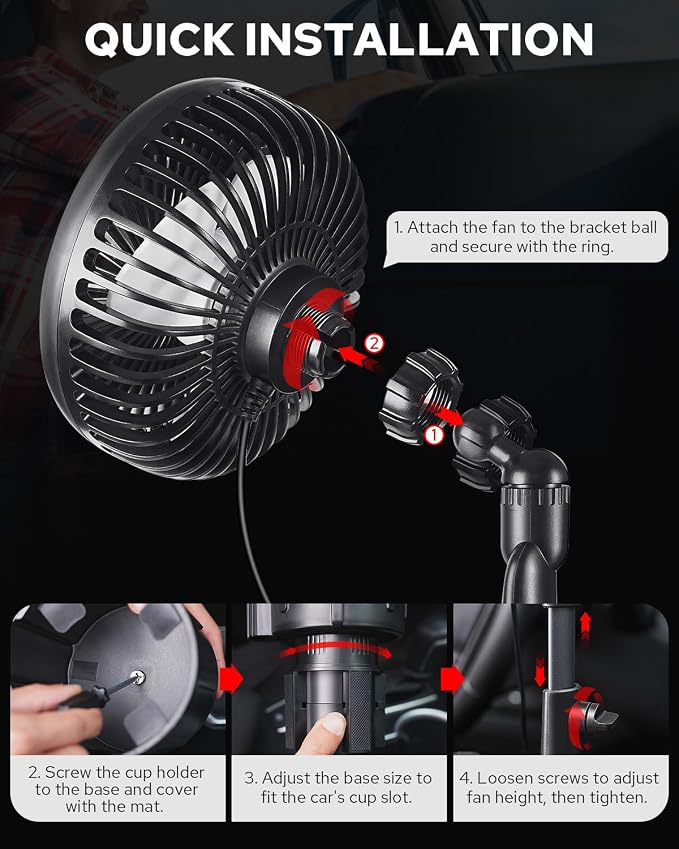 Benlari USB Car Fan with Cup Holder - Upgraded 2 in 1 Cup Fan Holder with 3 Powerful Speed Cooling Wind - Adjustable Extended Bracket Cup Holder for Vehicle Van Truck SUV RV