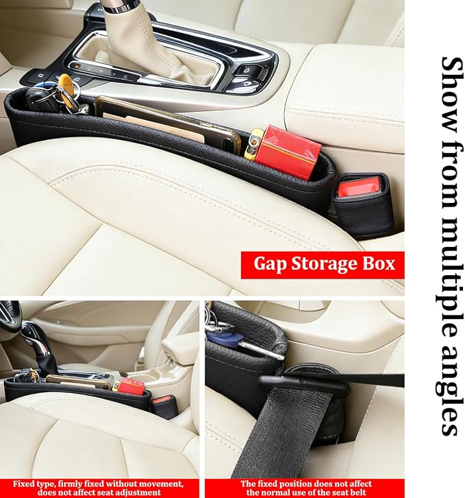 2PCS Car Seat Gap Filler Organizer, Leather Seat Gap Catcher Holder Pocket for Phones Keys Glasses, Auto Center Console Side Crevice Stopper Storage Box, Universal for Vehicles (Black)