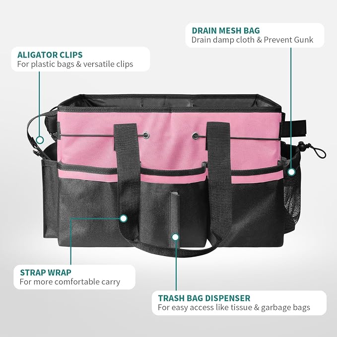 Cleaning Bags for Housekeepers, Large Cleaning Supplies Organizer with Handles & Shoulder Strap, Cleaning Caddy Bag with Foldable Divider for Cleaners, Car Horse Cleaning Bag(Pink)