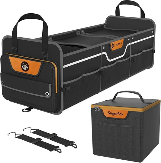 SugarFox Car Trunk Organizer for SUV, Heavy Duty Waterproof Trunk Organizer, Foldable Collapsible Car Organizer with Cooler, Multi-Compartment Large Trunk Organizer (95L), Black-M003