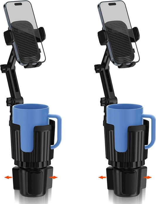 2 Pack Newlest 2 in 1 Phone Mount for Car Cup Holder with Adjustable Base, Phone Holders for Car Cupholder, No Shaking 360° Flexible Neck Phone Mount for All 4-7” Smartphones, Cup Holder for Bottles