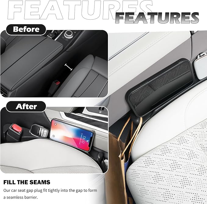 2PCS Car Seat Gap Filler,Upgraded 3 in 1 No Drop Seat Guard for Cars with Hook and Car Phone Holder Design,Universal Cars Seats Spacer Gap Filler for Double-Sided Use