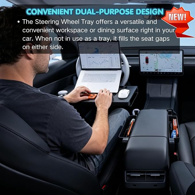 2-in-1 Car Steering Wheel Desk & Seat Gap Organizer Tray | Carbon Fiber Finish, Foldable Adjustable, Multi-use for Laptop Work, Eating and Storage, Gifts for Truck/ Tesla or SUV Owners