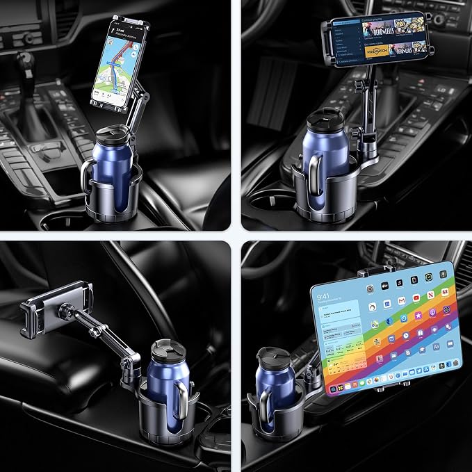 Cup Holder Phone Tablet Mount, 2 in 1 iPad Car Cup Holder with Expander Adjustable Arm for 4.7-10 inches Phone Tablet Mount Compatible for iPad Pro Air Mini, Fire,iPhone 17,Galaxy Phones