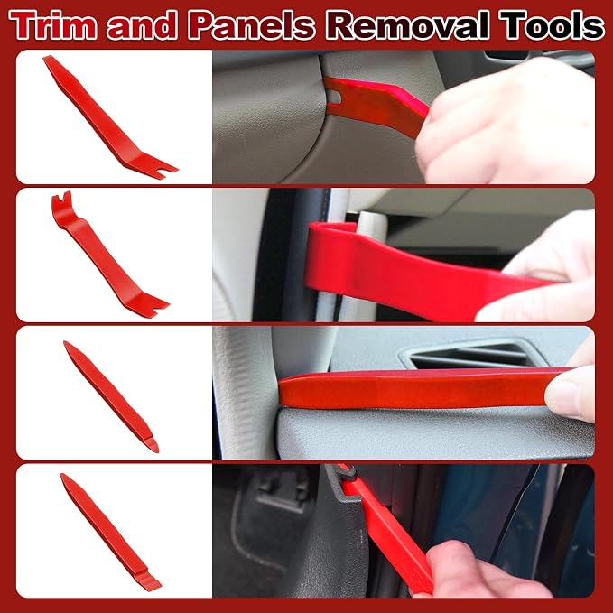 Keze 7 Pcs Auto Trim Removal Tool Kit for Car Panel Dashboard Door Clips and Upholstery with Plastic Pry Tool & Clip Pliers – No Scratch Design Professional Automotive Repair Tools Set, Red