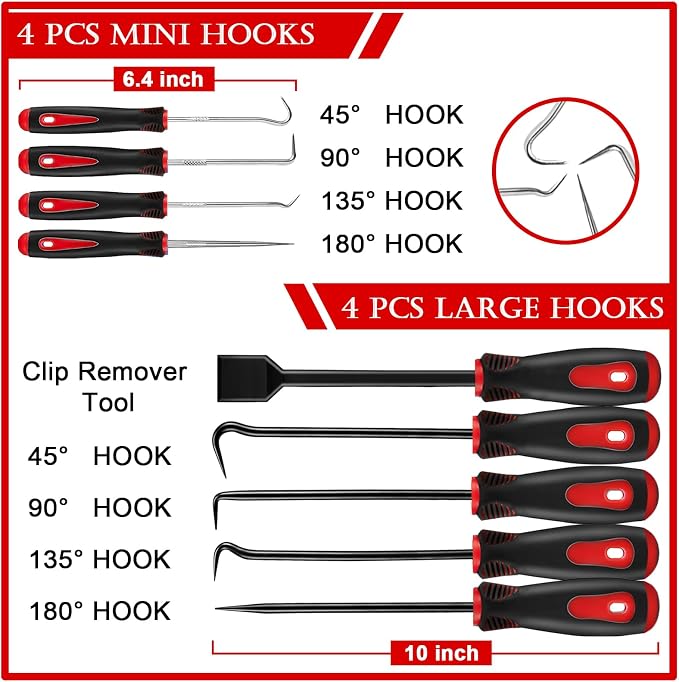 DOAHO 17Pcs Mechanic Hook and Pick Tool Set & Car Trim Removal Kit with Fastener Clip Pliers,Rivet Puller,Magnetic Pickup,Gasket Scraper,Non-Scratch Plastic Pry Tools for Automotive Repair-Red