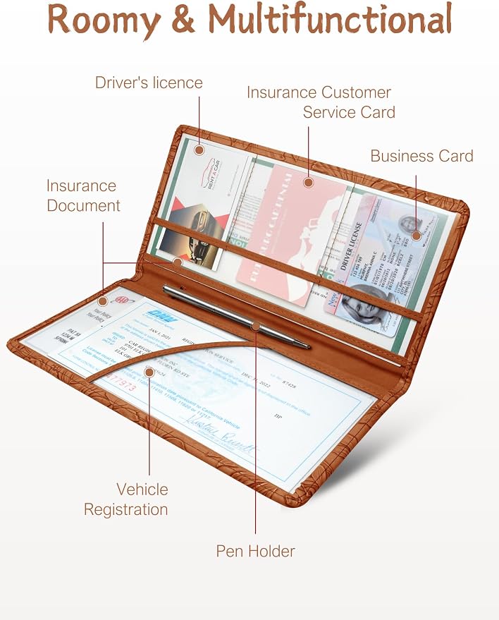 Mymazn Car Registration and Insurance Holder, PU Leather Glove Box Car Organizer with Magnetic Closure, Car Document Holder for Driver's License & Essential Documents (Floral Brown)