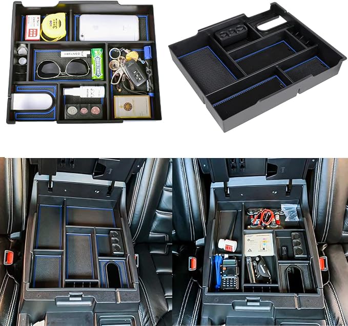 EDBETOS Center Console Tray Organizer Compatible with Toyota Tundra 2014 2015 2016 2017 2018 2019 2020 2021 Accessories, Armrest Secondary Storage Box (Blue Trim)