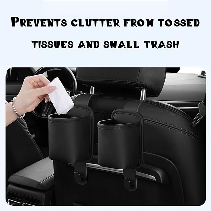 2-Pack Car Seat Back Cup Holder Organizer, Black | Faux Leather, With Hooks, Universal Backseat Storage, For Drinks, Bottles & Travel Accessories