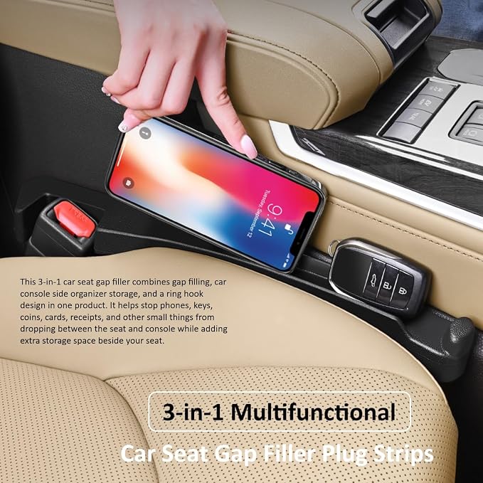 Car Seat Gap Filler Set of 2, Soft Multifunctional Seat Side Gap Filler Plug Strip with Organizer & Hook Function, 3in1 Gap Stopper Universal Fit Car SUV Truck Fill The Gap Between Seat & Console