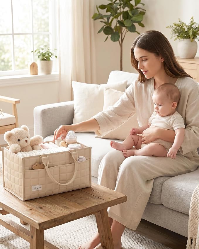 Baby Diaper Caddy Organizer, Portable Nursery Storage Basket with Handle for Newborn Boy or Girl, Gift for Baby Shower Essentials, Registry Must Have Bag, Caddie Car Organizer, Beige