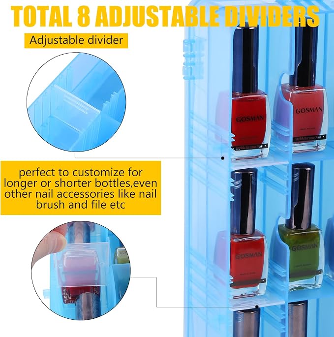 Universal Nail Polish Holder Gel Nail Polish Organizer Case for 48 Bottles Adjustable Dividers Space Saver,Double Sided Storage for Nail Bottles Mini Cars Threads Essential Oils (Blue)