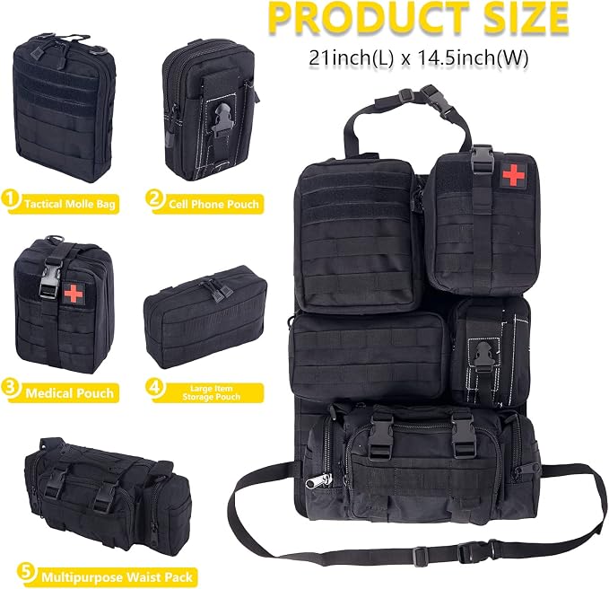 Universal Tactical Seat Back Organizer Vehicle Molle Panel Organizer Storage Bag with 5 Detachable Molle Pouch for All Vehicel Such as Jeep,Truck,SUV, Car, Ford,Chevy etc