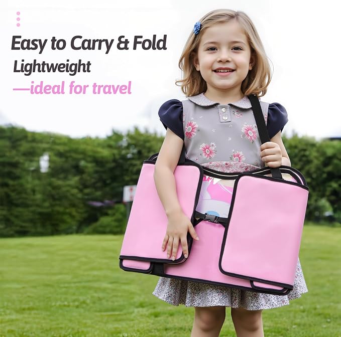 OUOZZZ Kids Travel Tray for Car, Girl's Safety Seat Table | Weight-Relief Strap, Non-Skid Silicone Base, Waterproof Dining/Craft Mat, Carseat/Airplane Lap Desk