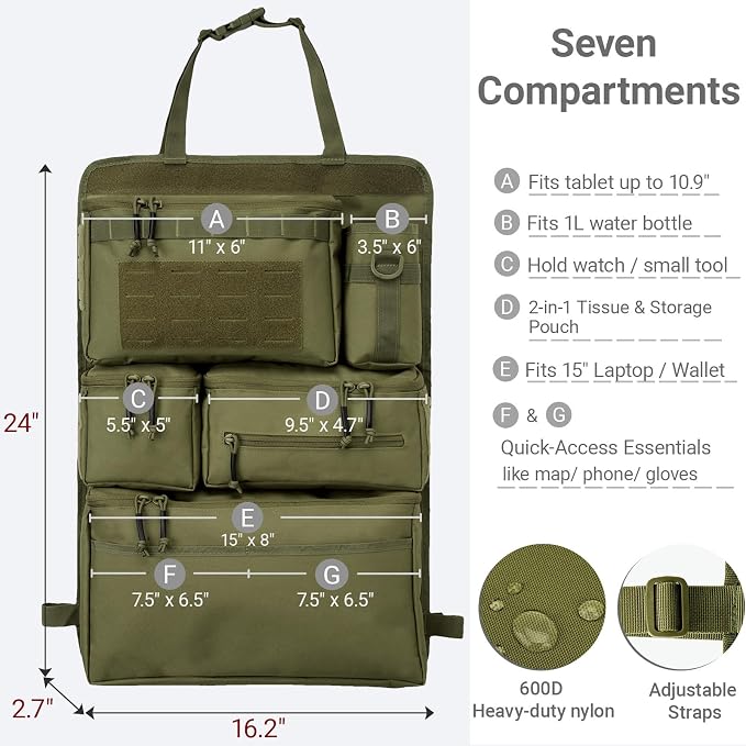 Tactical Seat Back Organizer Heavy Duty MOLLE Panel Organizer with Multiple Pockets & Hook Loop Panel for Road Trip Essentials, Universal Fit for Car SUV Truck Jeep (Army Green)