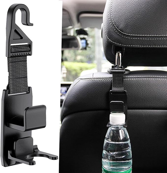 2PCS Car Headrest Hooks, Vehicle Seat Front ＆ Back Storage Hanger with Clip, 360° Adjustable Automotive Organizer Accessories for Purse Bags Grocery, Universal for Most Vehicles