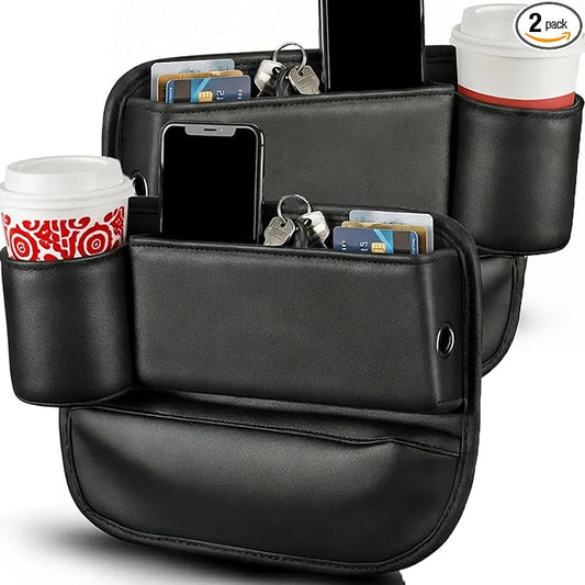 Car Seat Gap Filler Organizer, Premium Leather Console Storage with Cup Holder, Easy Access Multi-Purpose Organizer - Car, SUV & Truck Essentials（Driver Passenger Set Black 2 Pack）