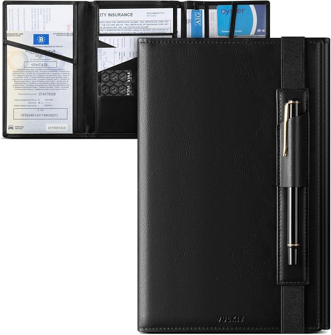 VULKIT Car Registration and Insurance Card Holder Vehicle Glove Box Organizer Leather Tri-fold Design for Car Keys, ID Holder, Essential Documents Black