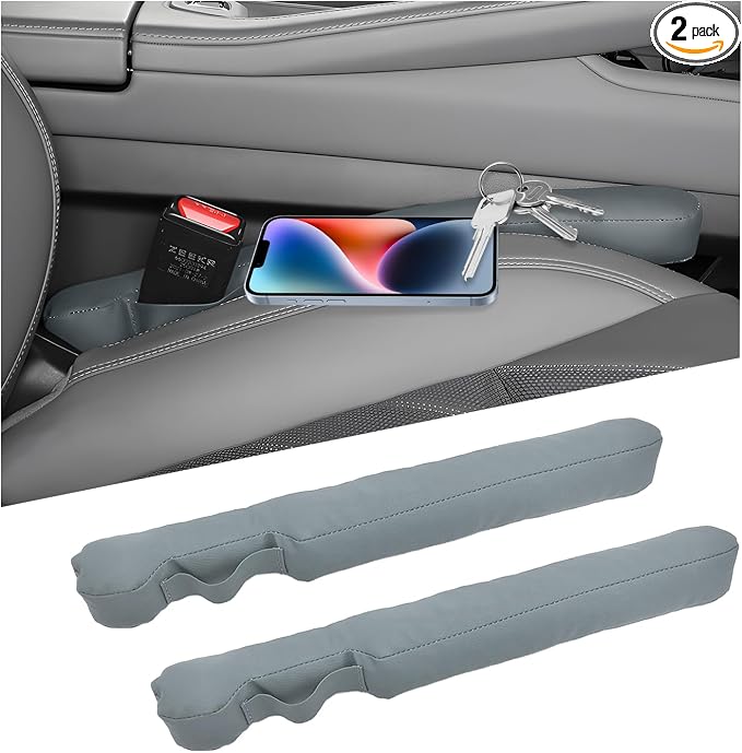 2 PCS Leather Car Seat Gap Filler, No-Drop Seat Guard Crevice Plug Blocker with Securing Strap, Universal Vehicle Gap Catcher Stop Things from Dropping, Car Accessories (Light Gray)