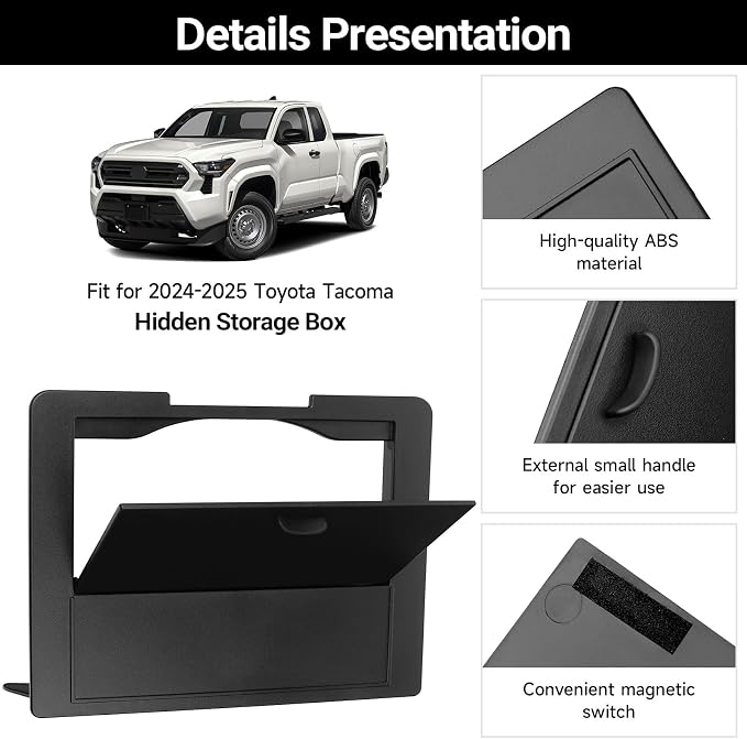 Center Console Hidden Box Organizer Compatible with Toyota Tacoma 2024 2025 2026 Accessories Black ABS Plastic Material Secret Compartment