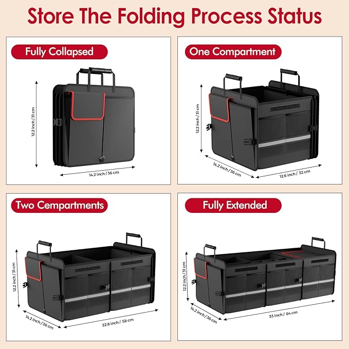 MEI&CO Car Trunk Organizer - 2.5mm PP Board Built, 35L Leakproof Cooler, 105L Capacity, 2 Tie-Down Straps, 4 Adjustable Dividers, Foldable Design for SUVs, Trucks, and Cars