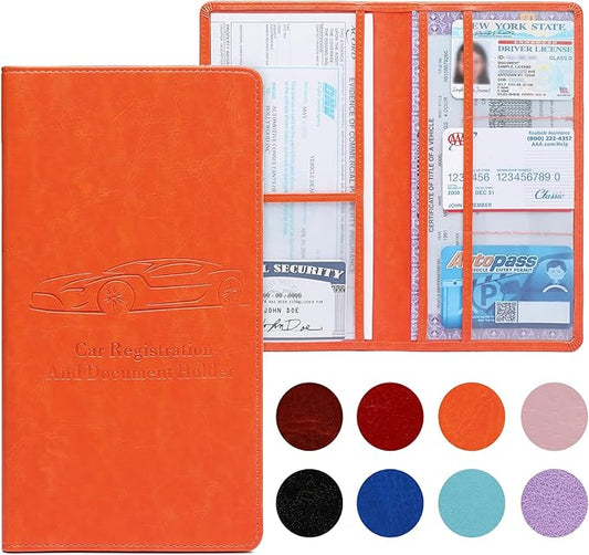 Car Registration and Insurance Card Holder for Women Men, Orange Glove Box Paperwork Organizer with Magnetic Buckle for Easy Access and Protect Documents and Various Cards in Vehicle