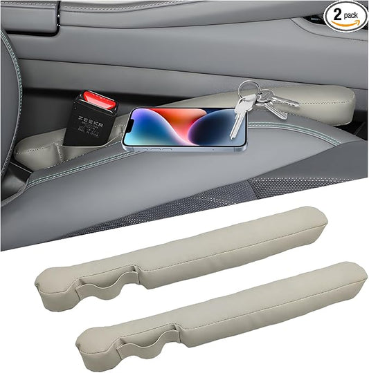2 PCS Leather Car Seat Gap Filler, No-Drop Seat Guard Crevice Plug Blocker with Securing Strap, Universal Vehicle Gap Catcher Stop Things from Dropping, Car Accessories (Beige)