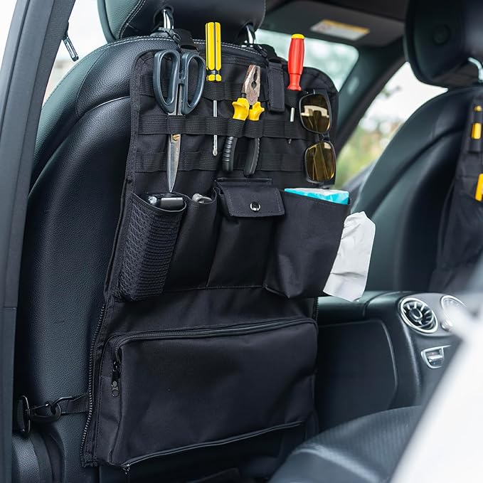 GMQ Car Seat Organizer,Multifunctional Tactical Car Seat Back Storage Pocket with Molle Pouch,Universal Fits for SUV,F150,Car Truck for Road Trips (1, Black)