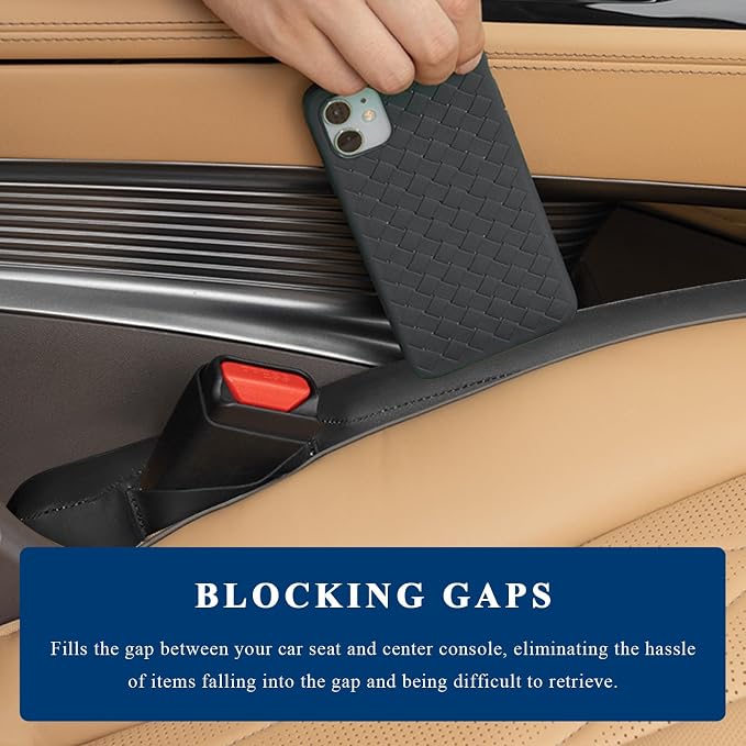 2 PCS Leather Car Seat Gap Filler, No Drop Auto Gap Seam Filler Slide Free Pad with Securing Strap, Seat Crevice Plug Drop Blocker Between Seats & Consoles for SUV Truck Sedan (Black)
