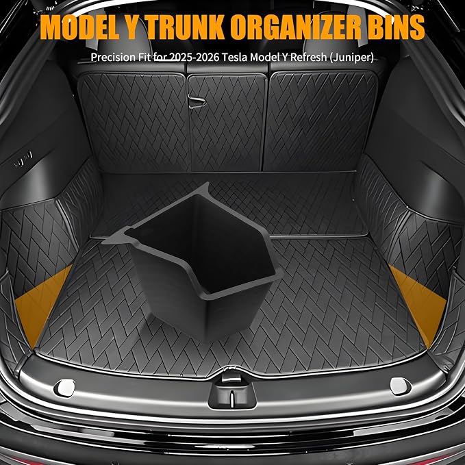 Rear Trunk Storage Bins with Lids for 2025-2026 Tesla Model Y Juniper, 2PCS Hidden Trunk Organizer Boxes, TPE Waterproof Rear Cargo Storage for Model Y Juniper Accessories (With Carpeted Lid)