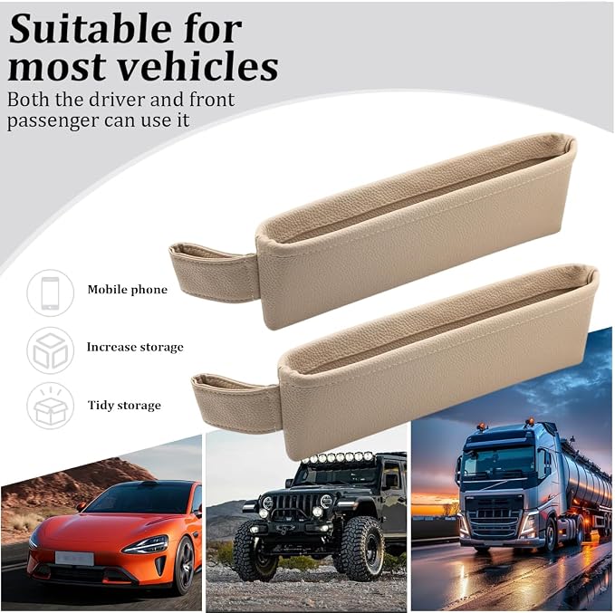 2PCS Car Seat Gap Filler Organizer, Leather Seat Gap Catcher Holder Pocket for Phones Keys Glasses, Auto Center Console Side Crevice Stopper Storage Box, Universal for Vehicles (Beige)