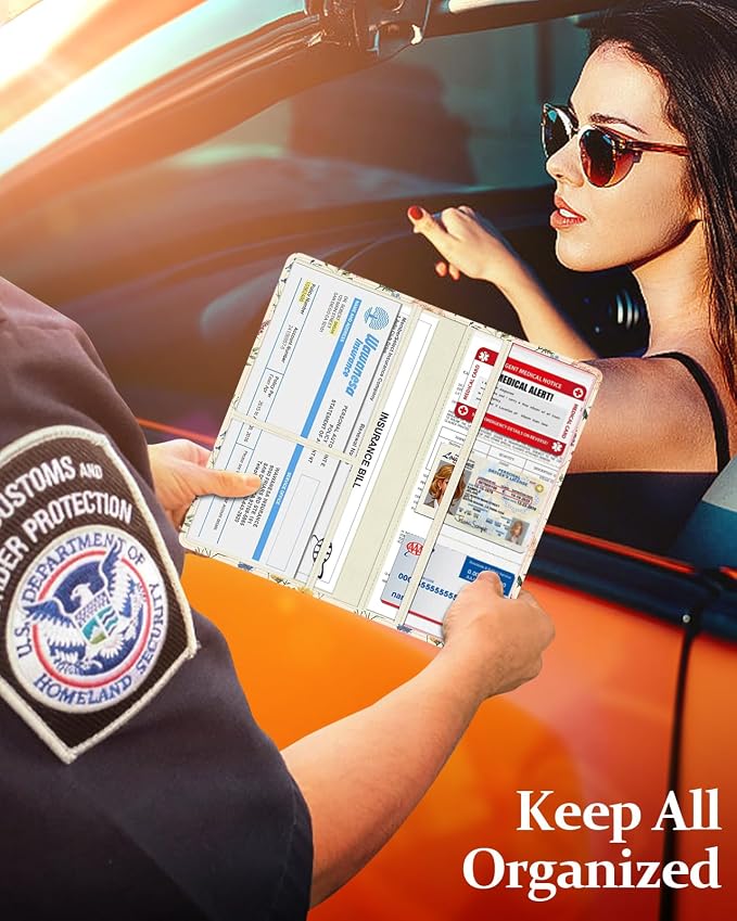 Slohif Car Registration and Insurance Card Holder with Magnetic Shut - Vehicle Glove Box Organizer Women Leather Automobile License Holders Coasters Auto Accessories Case for Document,Retro Flower