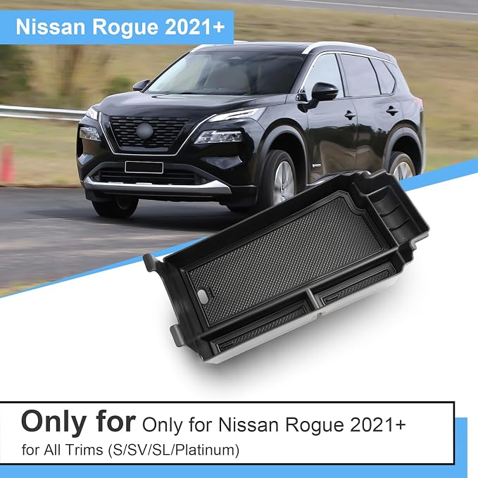 2021-2025 2026 Rogue Center Console Organizer for Nissan Rogue (S/SV/SL/Platinum/Rock Creek/Dark Armor), Durable ABS&Anti-Slip Rubber Console Tray Insert 2026 2025 Rogue Accessories (Black)