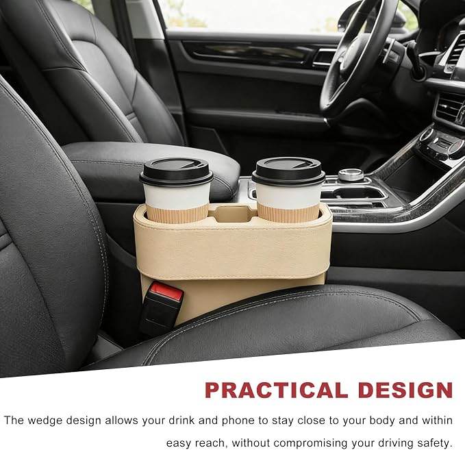 Car Seat Organizer Cup Drink Holder, Multifunctional Auto Console Side Organizer with 2 Cup Holders, Front Seat Gap Filler Interior Drink Holder Storage Box for Most Vehicles (Beige)