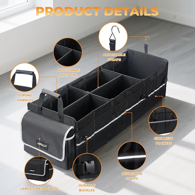 HIRALIY 4 in 1 Car Trunk Storage Organizer with Leakproof Cooler Bag, Made of 1680D Oxford and PP board, Multi-Compartment Foldable Trunk Storage Box for Car Truck SUV