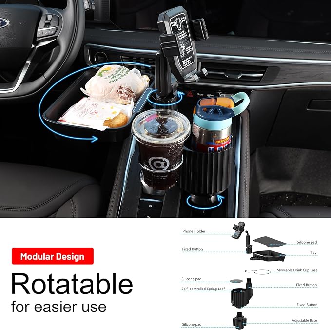 Car Large Cup Holder Expander, 4-in-1 Cupholder Extender with Phone Holder & Swivel and Detachable Snack Food Tray Table for Eating, Travel Essentials for Road Trips for Driver. Model F