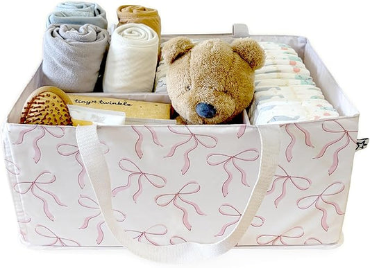 Tiny Twinkle Diaper Caddy Organizer – Foldable Baby Storage Basket with Removable Divider | Waterproof & Mess-Proof Fabric, Portable Nursery Organizer for Newborn Essentials(Bows)