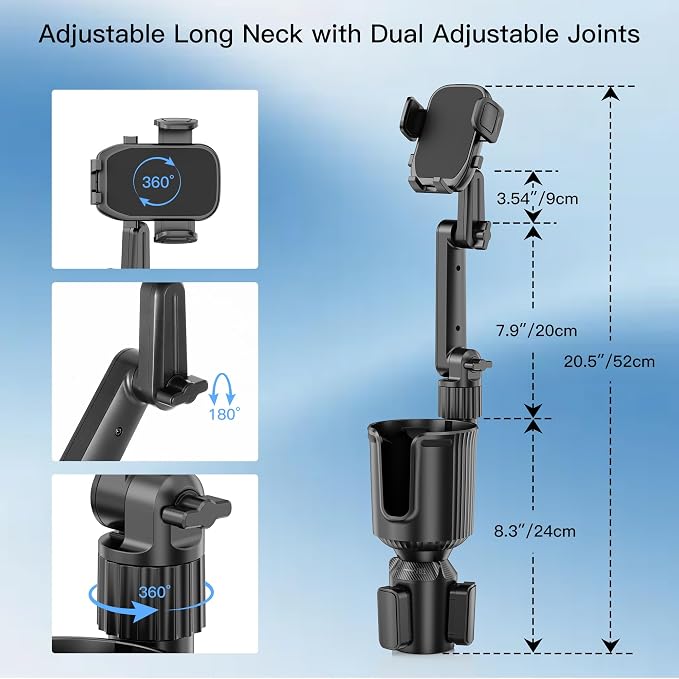 Cup Holder Phone Mount, Cup Phone Holder Expander [2026 Upgraded] 20.5" Height Adjustable Long Arm Phone Holder for Your Car Fit All 4.0-7.0in Smartphones iPhone Most Bottles