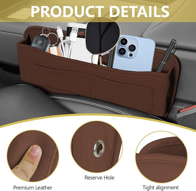 Car Seat Gap Filler Organizer with Card Holder, Leather Center Console Side Seat Gap Storage Box, Automotive Seat Organizer with Pocket for Glasses Phone Card, Car Accessories (Brown)