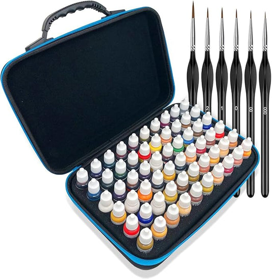 Pixiss Model Paint Storage Case Organizer Holder Tray for Round Top Hobby Brands - 60 Slots With 6 Fine Detail Miniatures Brushes