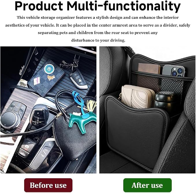 Car Organizer Storage Between Seats, Car Purse Holder, Nappa Leather Front Seat Storage Bag with Tissue Holder, Large Capacity Auto Console Organizer for Document Phone Wallet Snack (Black)