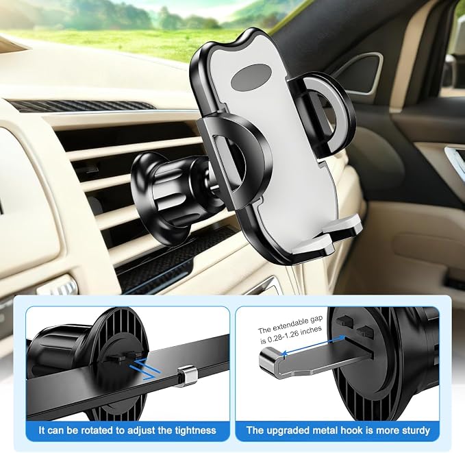 Car Phone Holder, 360° Rotatation Vehicle Air Vent Cell Phone Mount with Hook Clip, Hands Free Automotive Interior Smartphones Cradle, Universal for Most Vehicles (Gray)