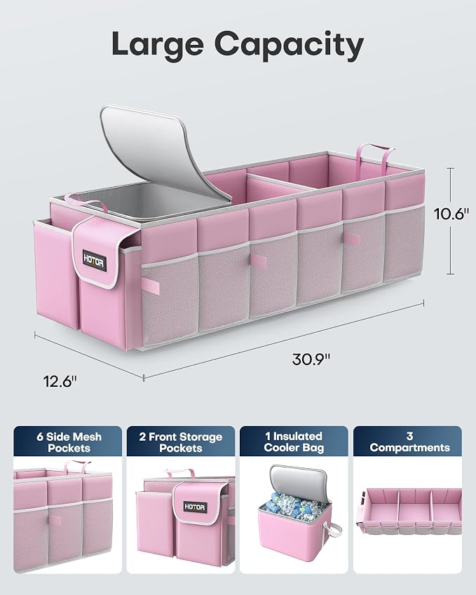 HOTOR Trunk Organizer, Sturdy Foldable with Cooler for Car & SUV, 3 Compartments, Pink, 30.90”×12.60”×10.63”