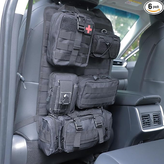 truck seat organizer and storage tactical car back seat back organizer with a Molle Vehicle Panel and 5 Different Size Molle Pouches for most models such as Jeep,SUV,Pickup (Black)