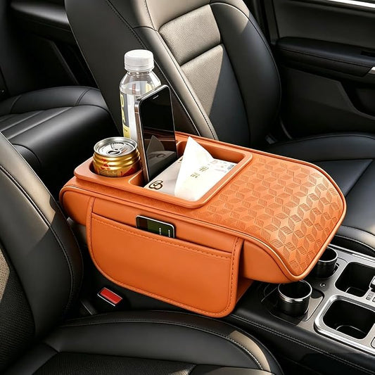 Car Center Console Cover, Auto Car Armrest Cushion 5-in-1 with Cup Holder, Tissue Box Slot, Phone Slot for Vehicle, Car Accessories Interior Storage Organizers (Orange)